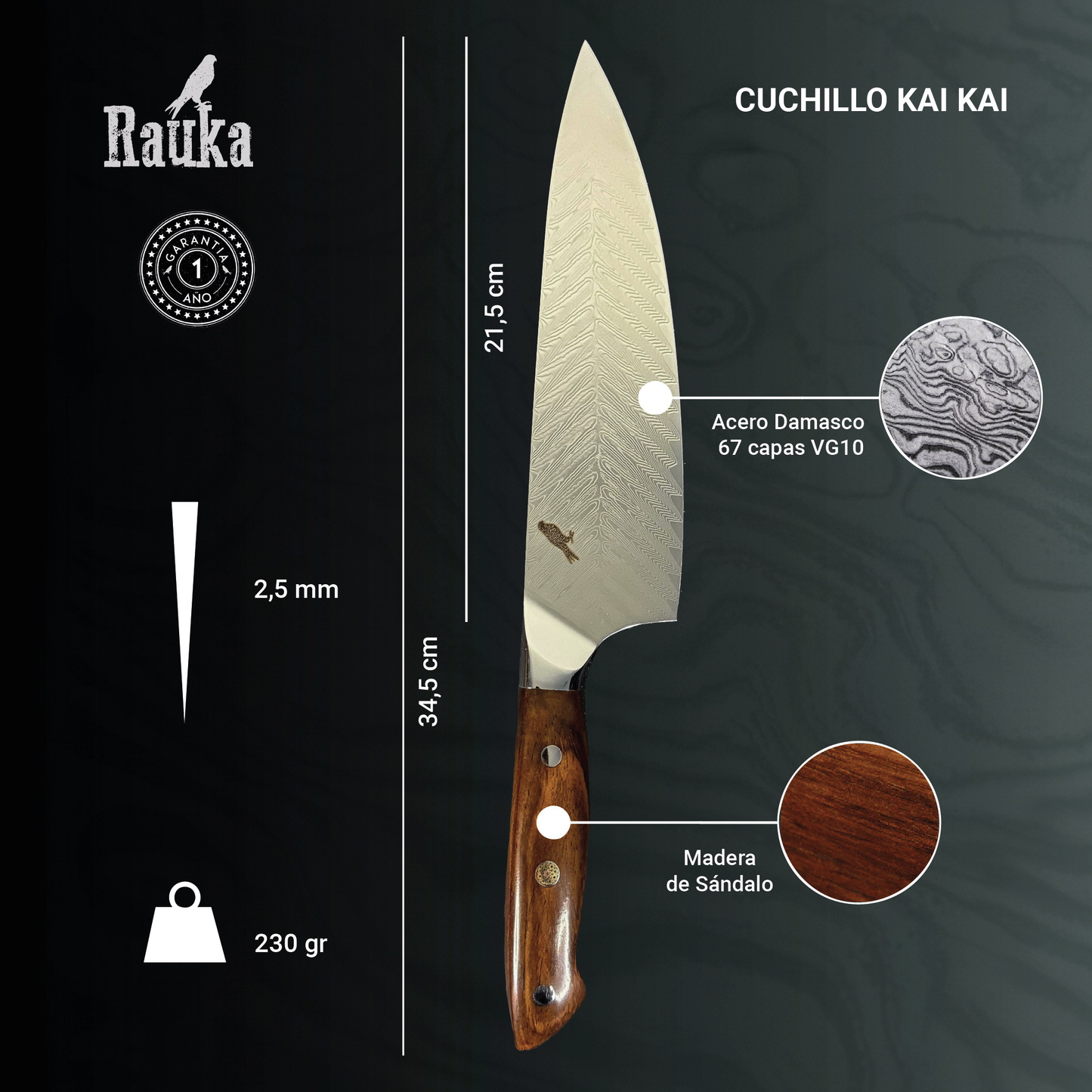 Cuchillo de Cocina Chef de Acero Damasco 34,5cm "Kai Kai" Rauka-Cuchillos