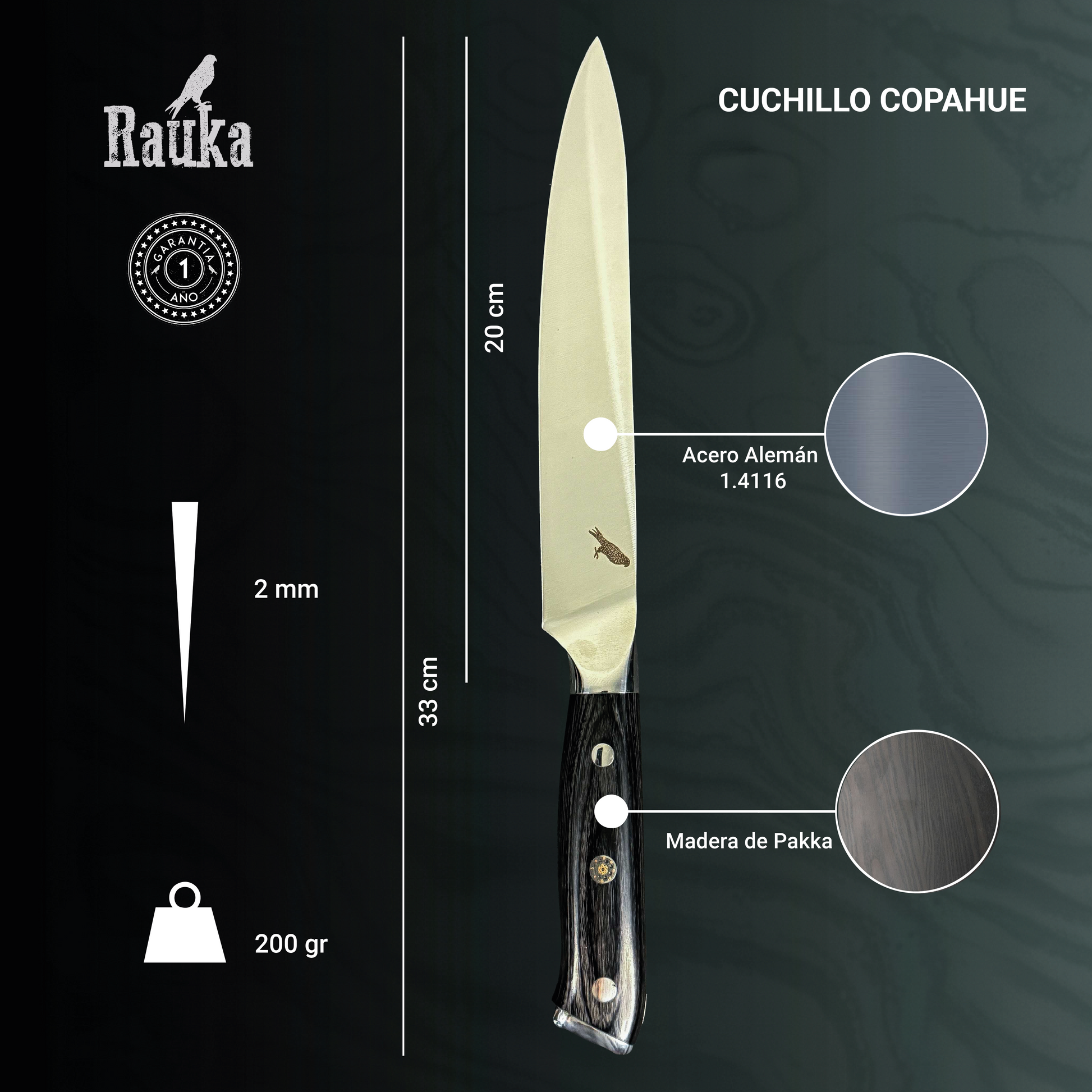 Cuchillo de Cocina de Acero Inoxidable 33cm "Copahue" Rauka-Cuchillos