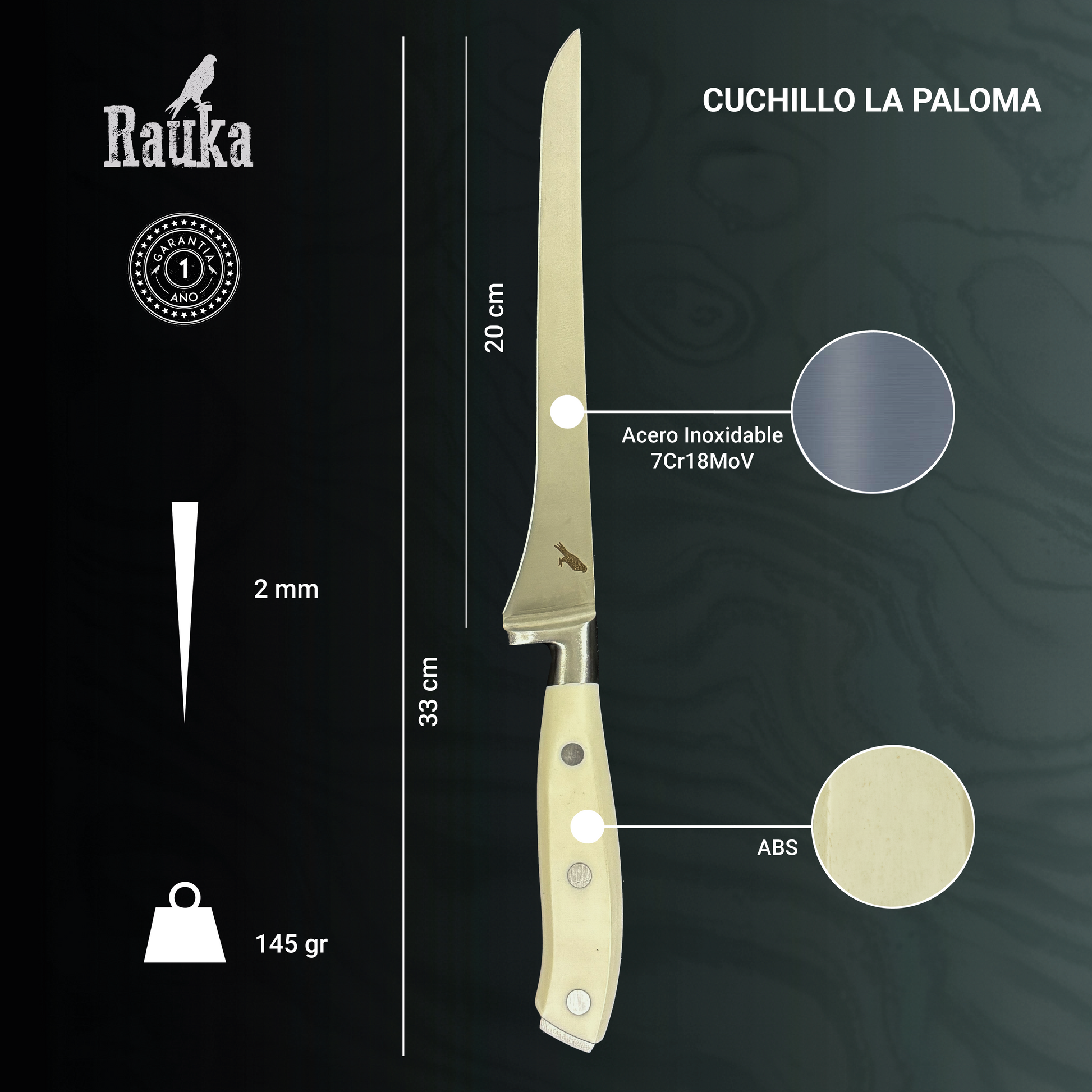 Cuchillo Fileteador de Cocina de Acero Inoxidable 33cm "La Paloma" Rauka-Cuchillos