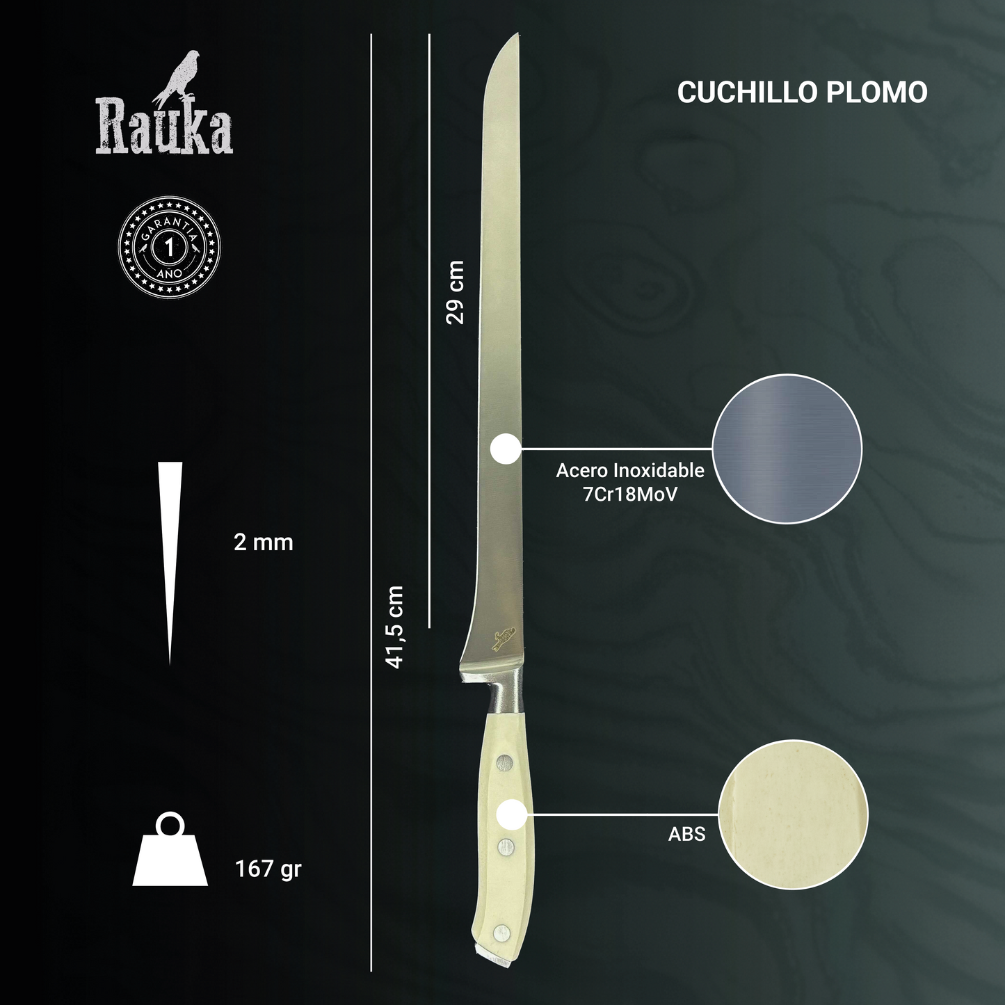 Cuchillo Jamonero de Acero Inoxidable 41cm "Plomo" Rauka-Cuchillos