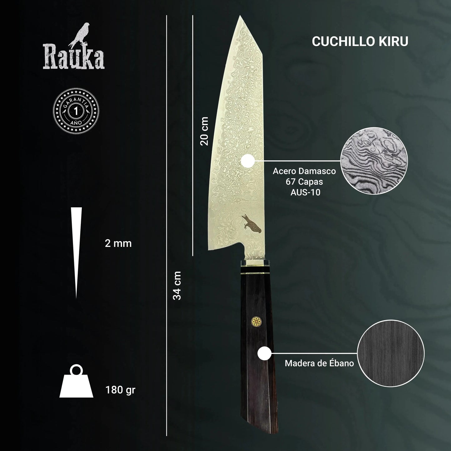 Cuchillo Kiritsuke de Cocina de Acero Damasco 34cm "Kiru" Rauka-Cuchillos