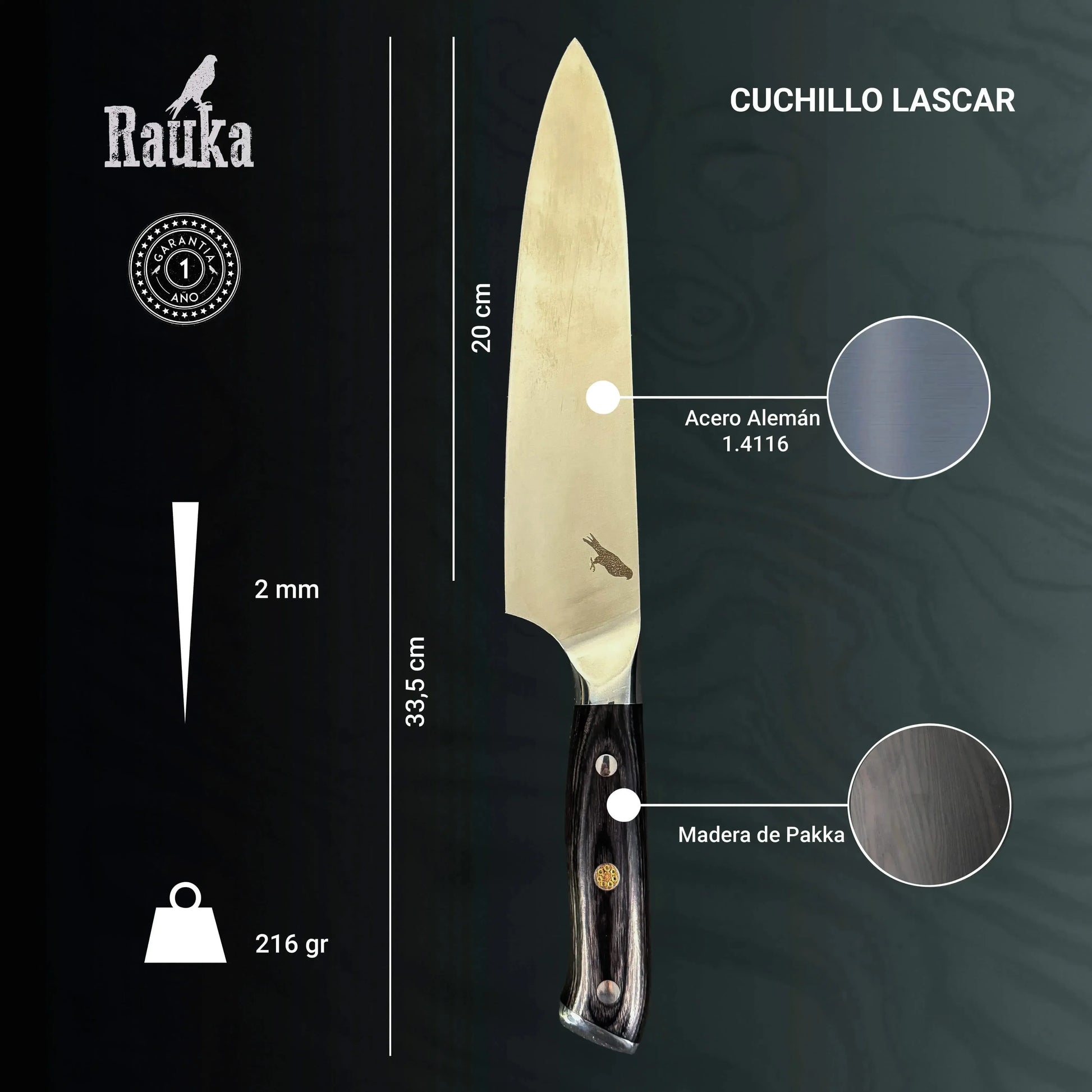 Cuchillo Parrillero de Acero Inoxidable 33,5cm "Lascar-Rauka"-Cuchillos