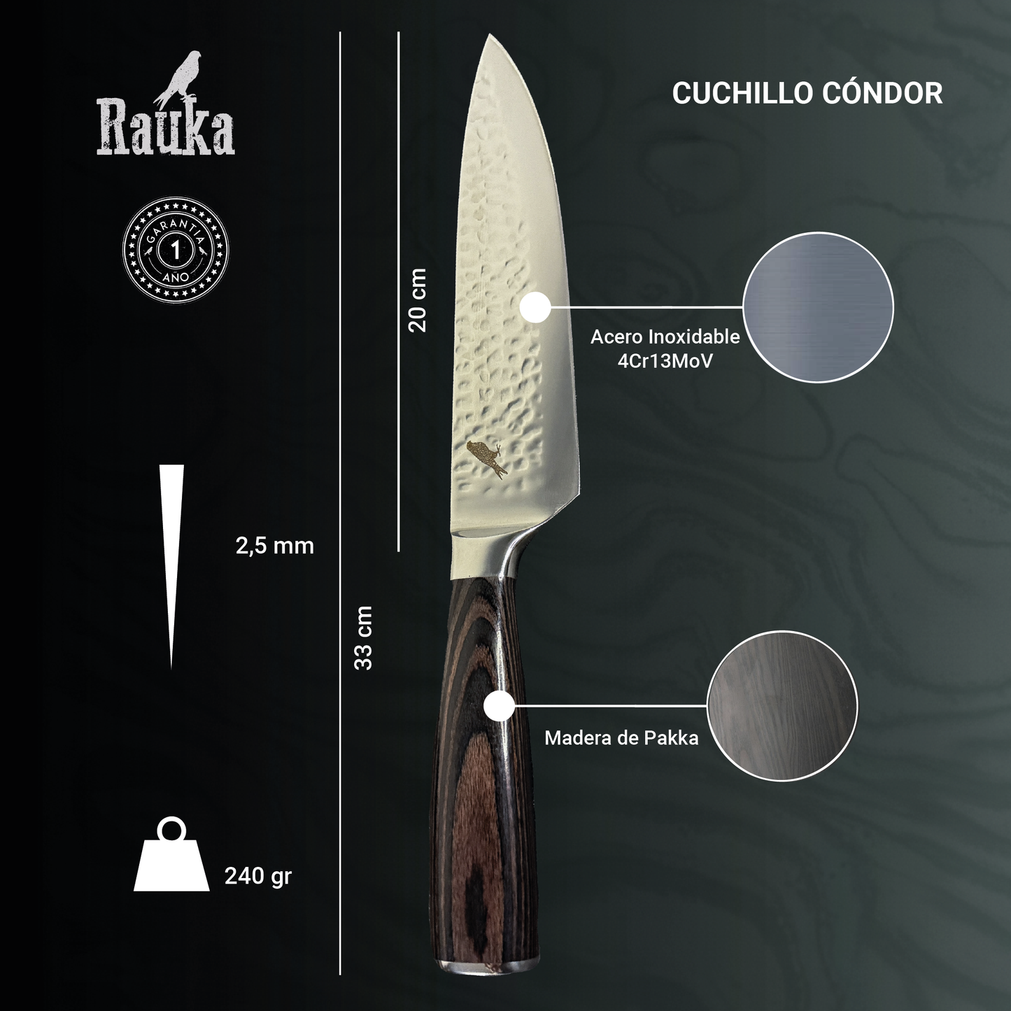 Cuchillo Parrillero de Acero Inoxidable 33cm "Condor" Rauka-Cuchillos