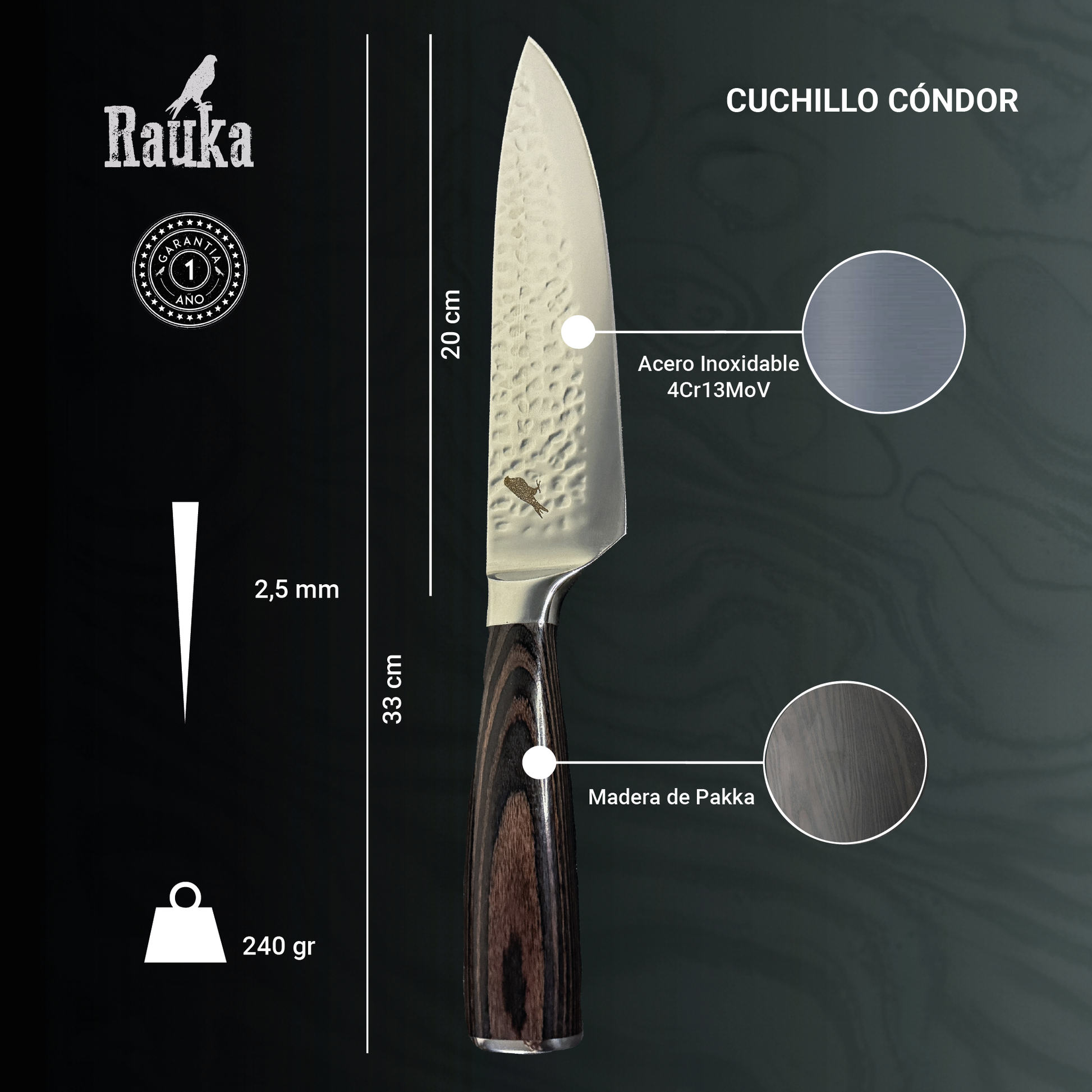 Cuchillo Parrillero de Acero Inoxidable 33cm "Condor" Rauka-Cuchillos