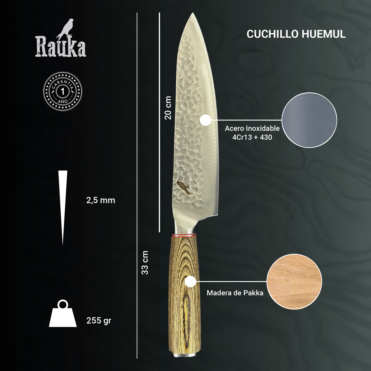Cuchillo Parrillero de Acero Inoxidable 33cm "Huemul" Rauka-Cuchillos
