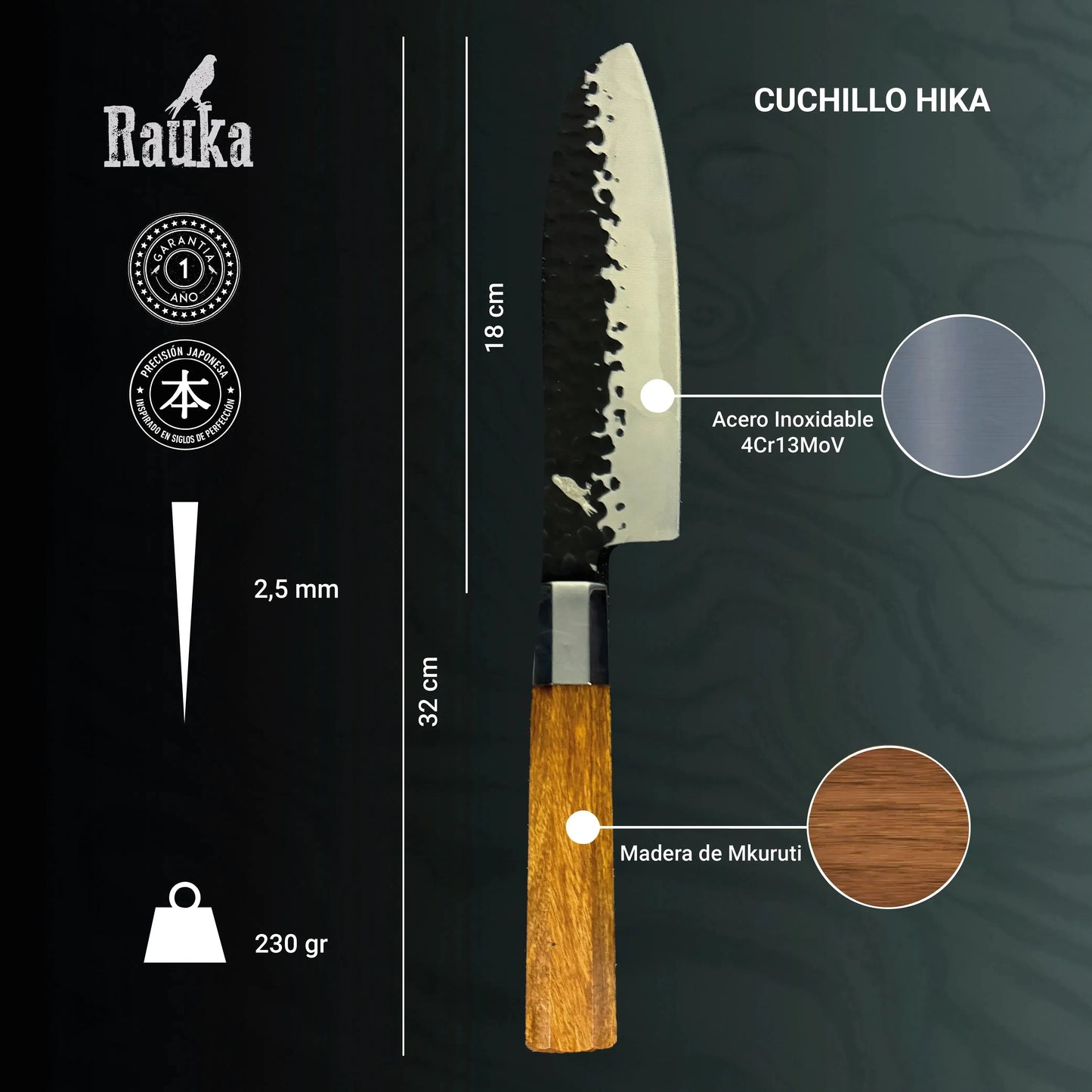 Cuchillo Santoku de Cocina de Acero Inoxidable 32cm "Hika" Rauka-Cuchillos