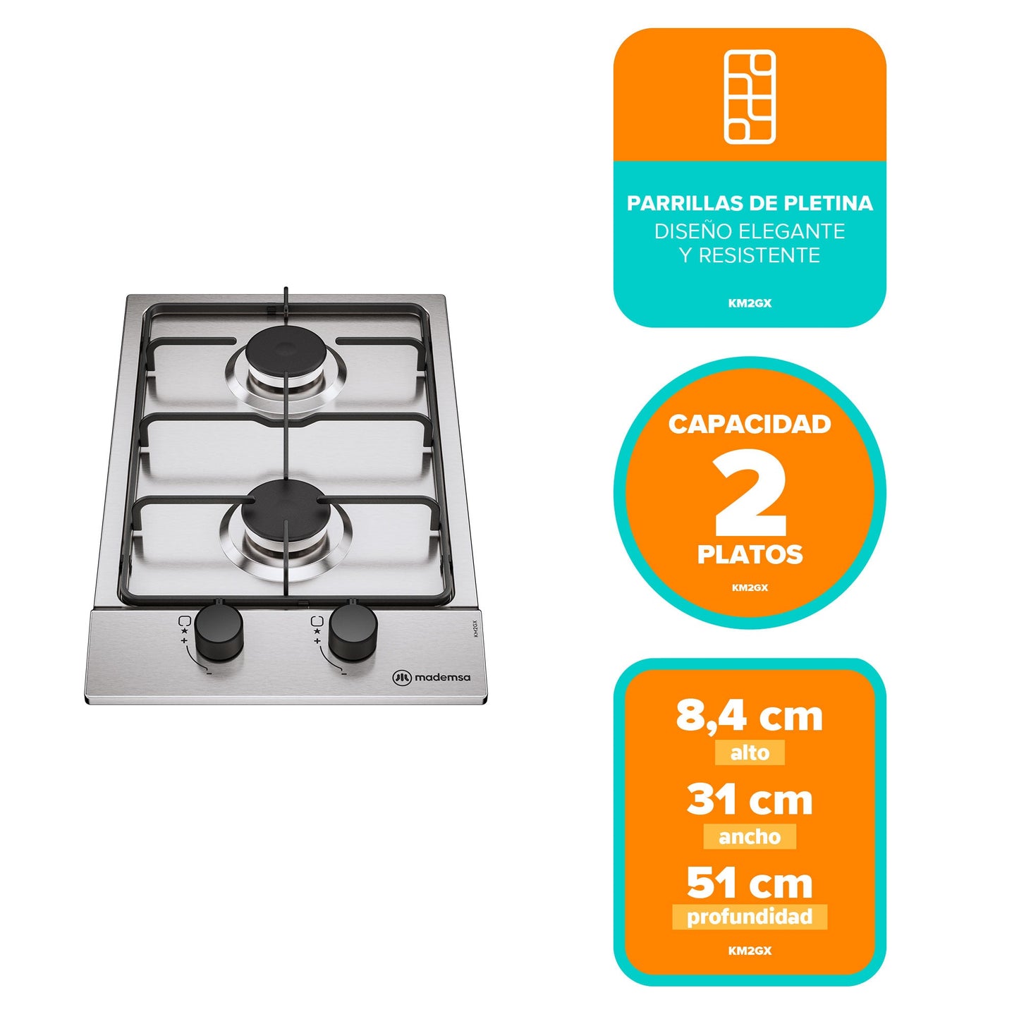 Encimera a Gas 2 Platos Parrilla Pletina KM2GX Mademsa-Encimeras a Gas