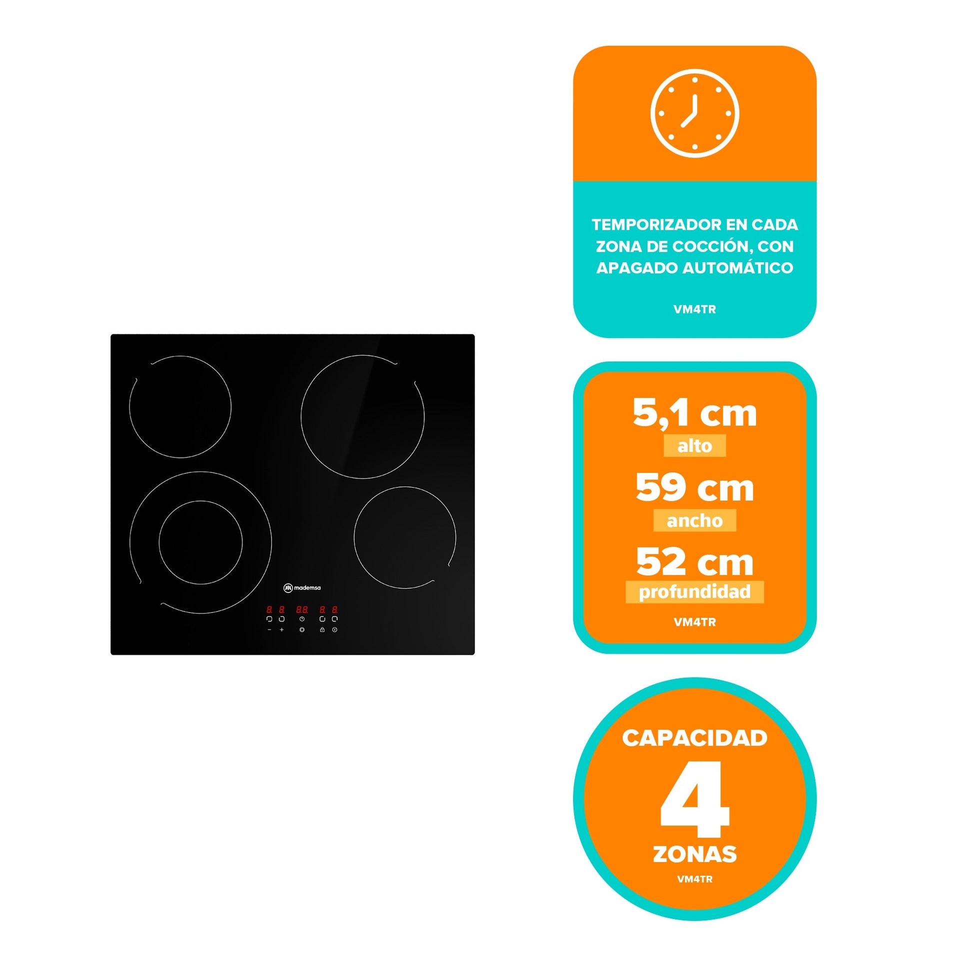Encimera Eléctrica 4 Platos Mademsa Vitrocerámica VM4TR Mademsa-Encimeras Vitroceramicas