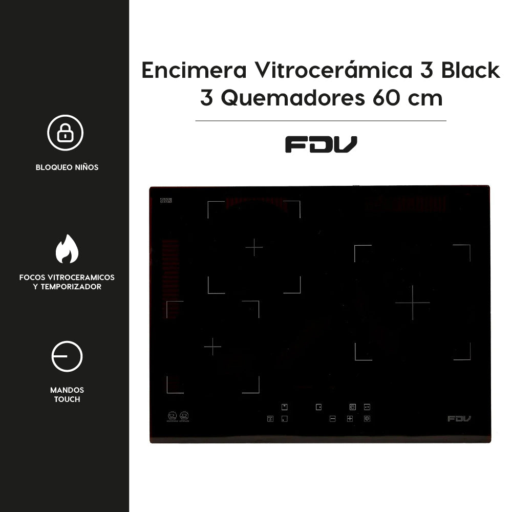 Encimera Vitrocerámica 3 Black 3 Quemadores 60 cm FDV - Caja Dañada-Encimeras Vitroceramicas