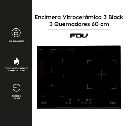 Encimera Vitrocerámica 3 Black 3 Quemadores 60 cm FDV-Kitchen Center