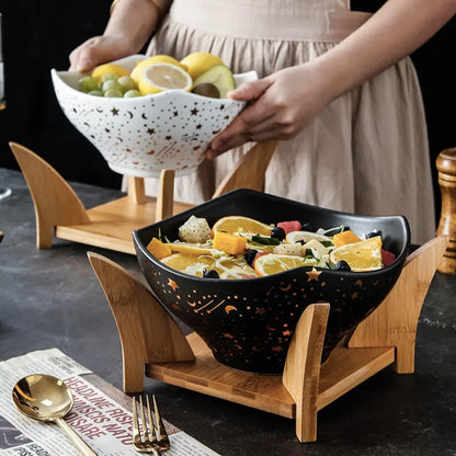 Ensaladera Redonda De Cerámica Con Soporte Santú Home & Deco3#Negro
