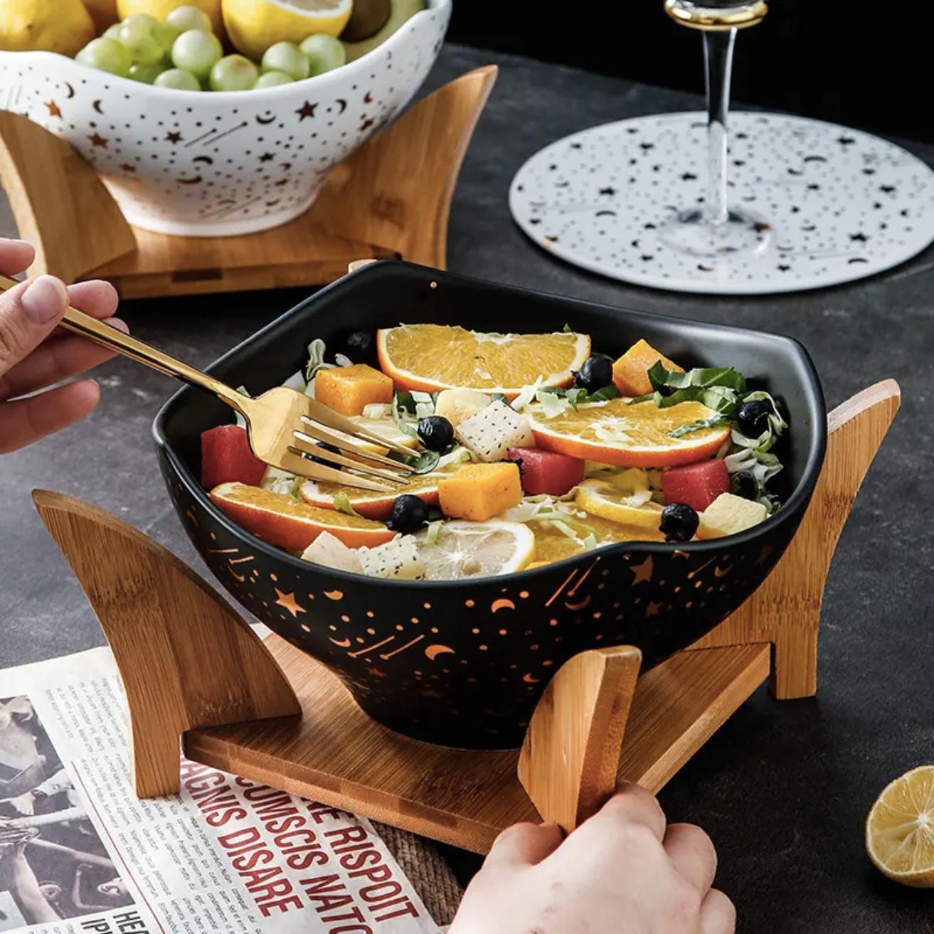 Ensaladera Redonda De Cerámica Con Soporte Santú Home & Deco4#Negro