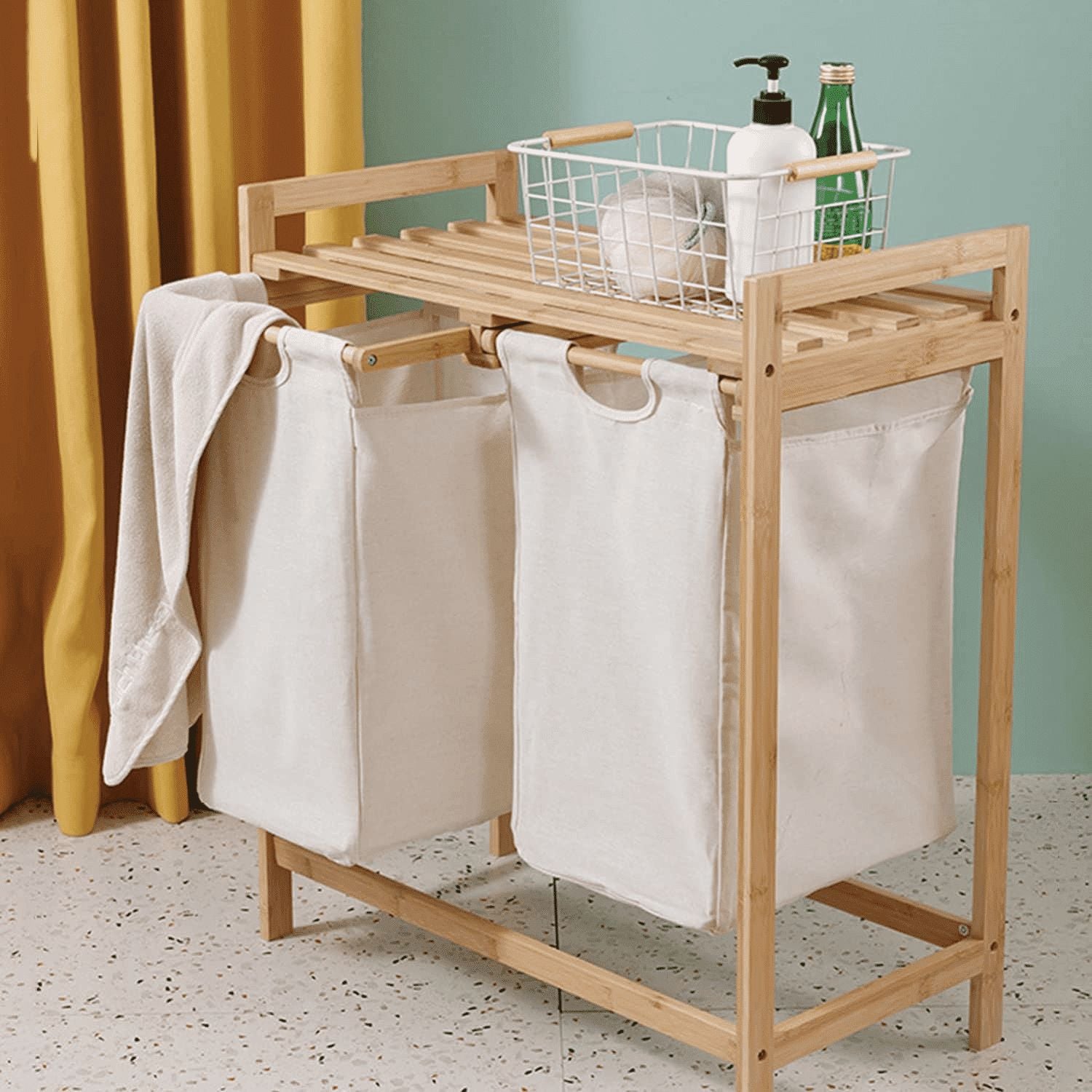 7H SEVEN HOUSE Scaffale Modulare In Bambù 1 Livello 50x10x14cm Con Barra Porta Asciugamani - Per Bagno E Toilette - 2