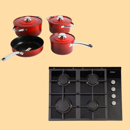 Kit Encimera a Gas Crystal 4 Quemadores FDV Licuado  + Batería Versalles 7 Piezas Simple Cook