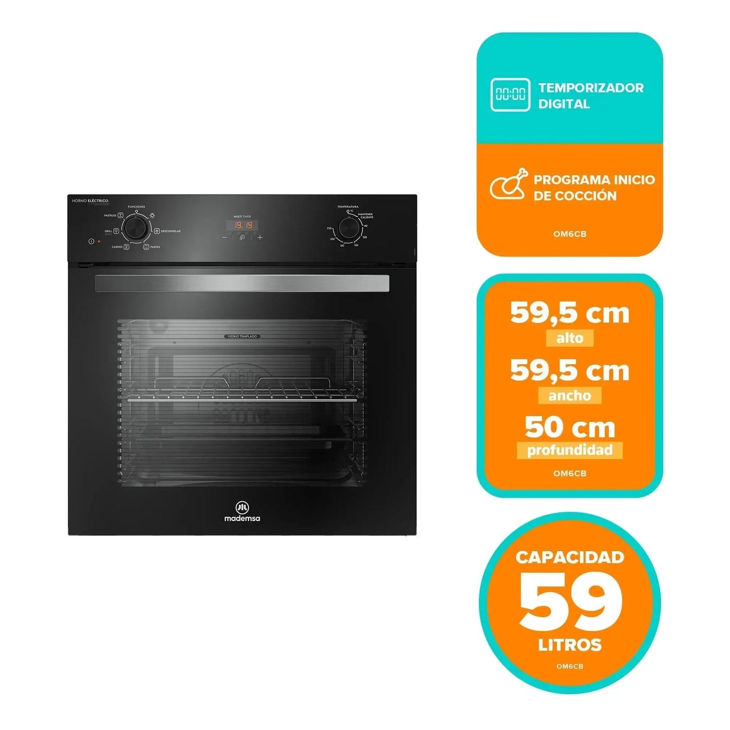 Horno Empotrable Eléctrico 59L Convector y Temporizador OM6CB Mademsa-Hornos Eléctricos