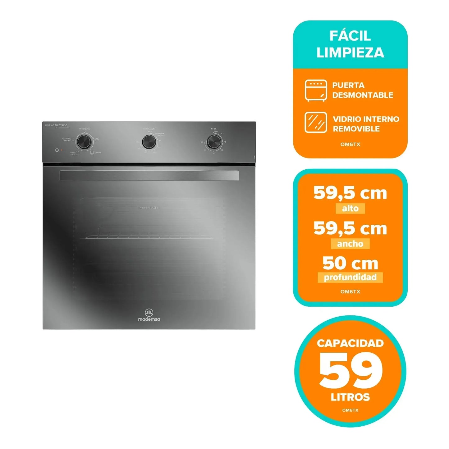 Horno Empotrable Eléctrico 59L Temporizador y Limpia Fácil OM6TX Mademsa-Hornos Eléctricos