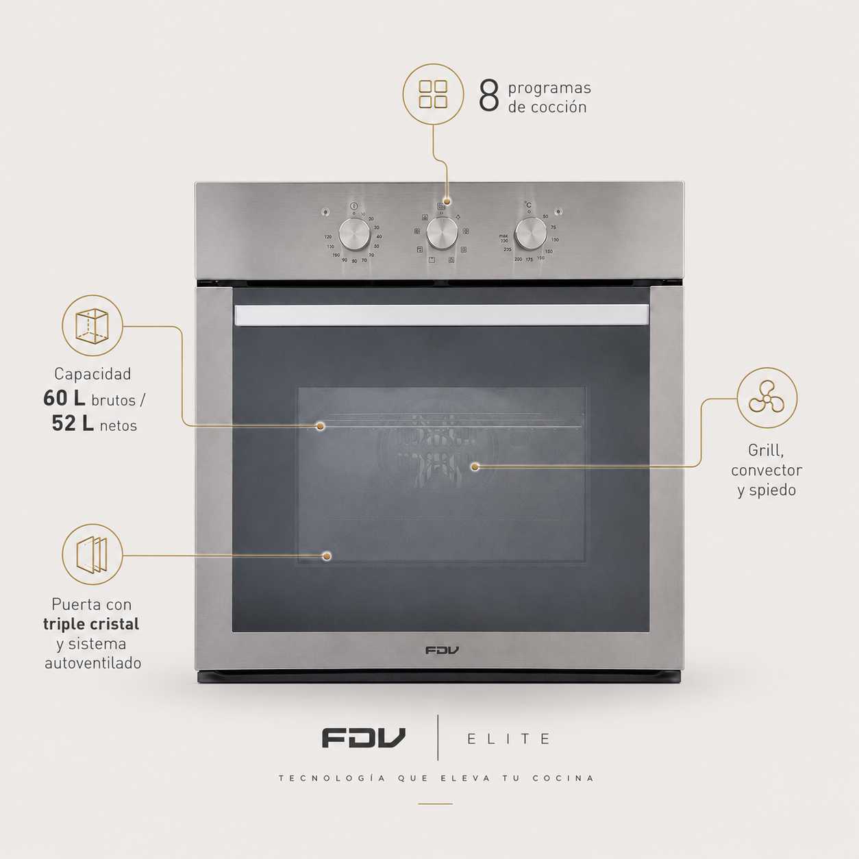 Horno Empotrado Elite 60 Lts con Convector FDV - Caja Dañada-Hornos Eléctricos