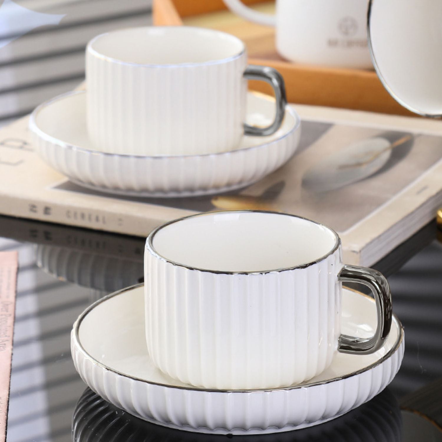Juego de Té Tazas y Platos 230ml Lineas 6un Santú Home & Deco4#Blanco
