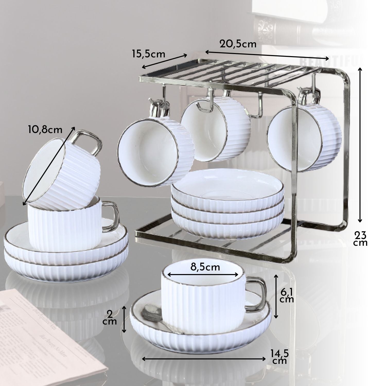 Juego de Té Tazas y Platos 230ml Lineas 6un Santú Home & Deco5#Blanco