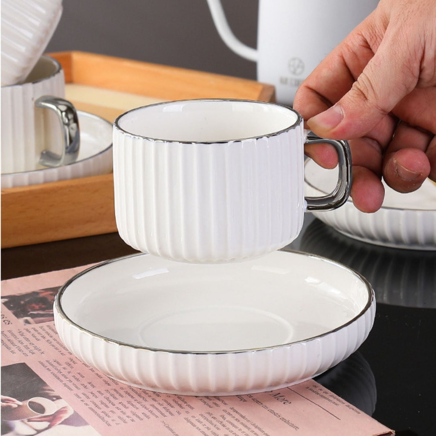 Juego de Té Tazas y Platos 230ml Lineas 6un Santú Home & Deco6#Blanco