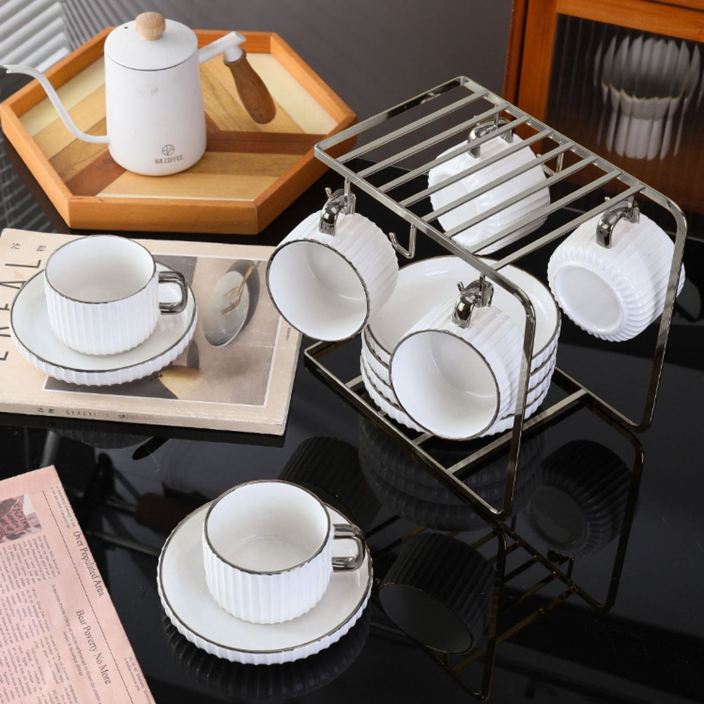 Juego de Té Tazas y Platos 230ml Lineas 6un Santú Home & Deco8#Blanco