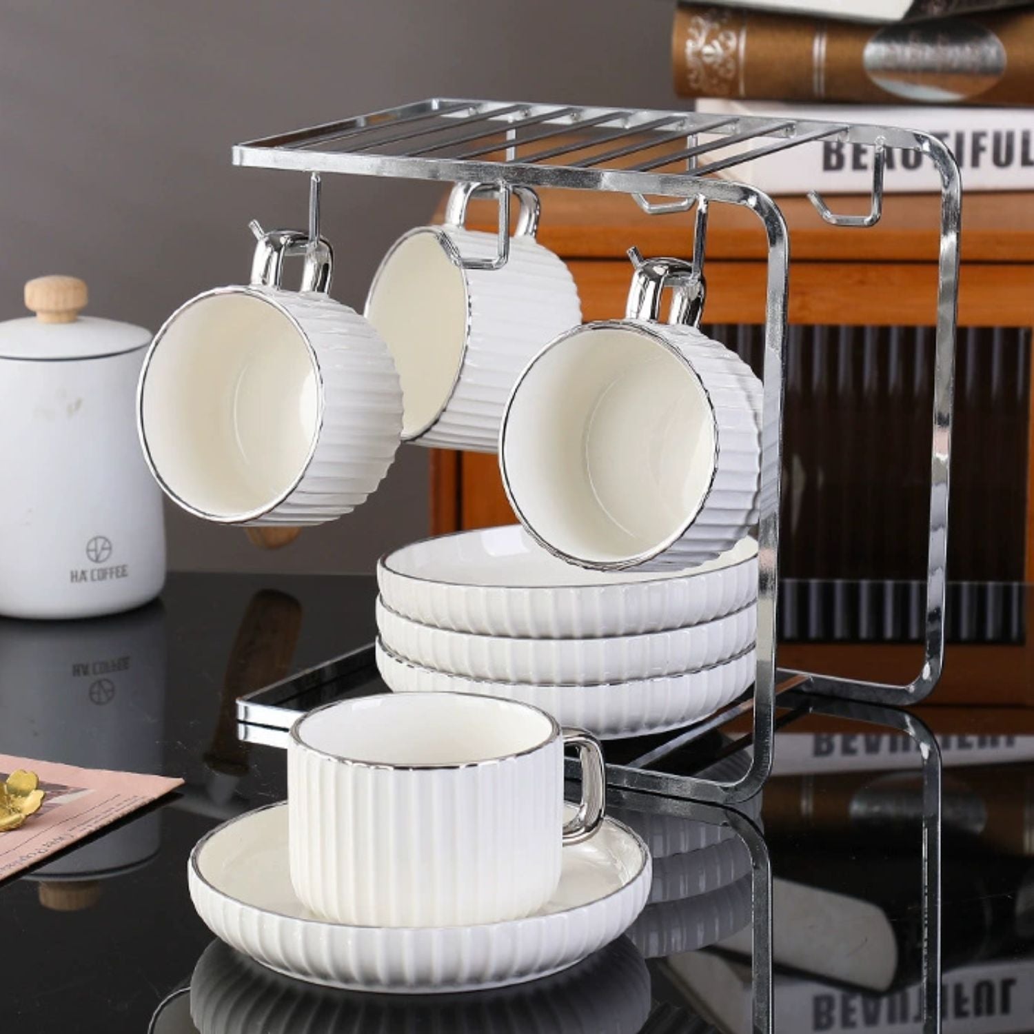 Juego de Té Tazas y Platos 230ml Lineas 6un Santú Home & Deco9#Blanco