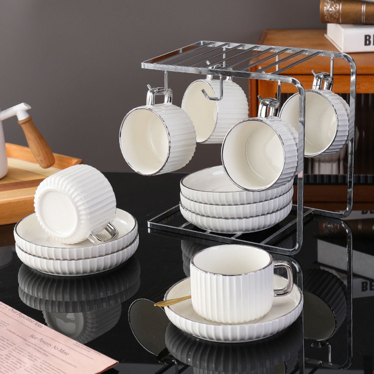 Juego de Té Tazas y Platos 230ml Lineas 6un Santú Home & Deco1#Blanco