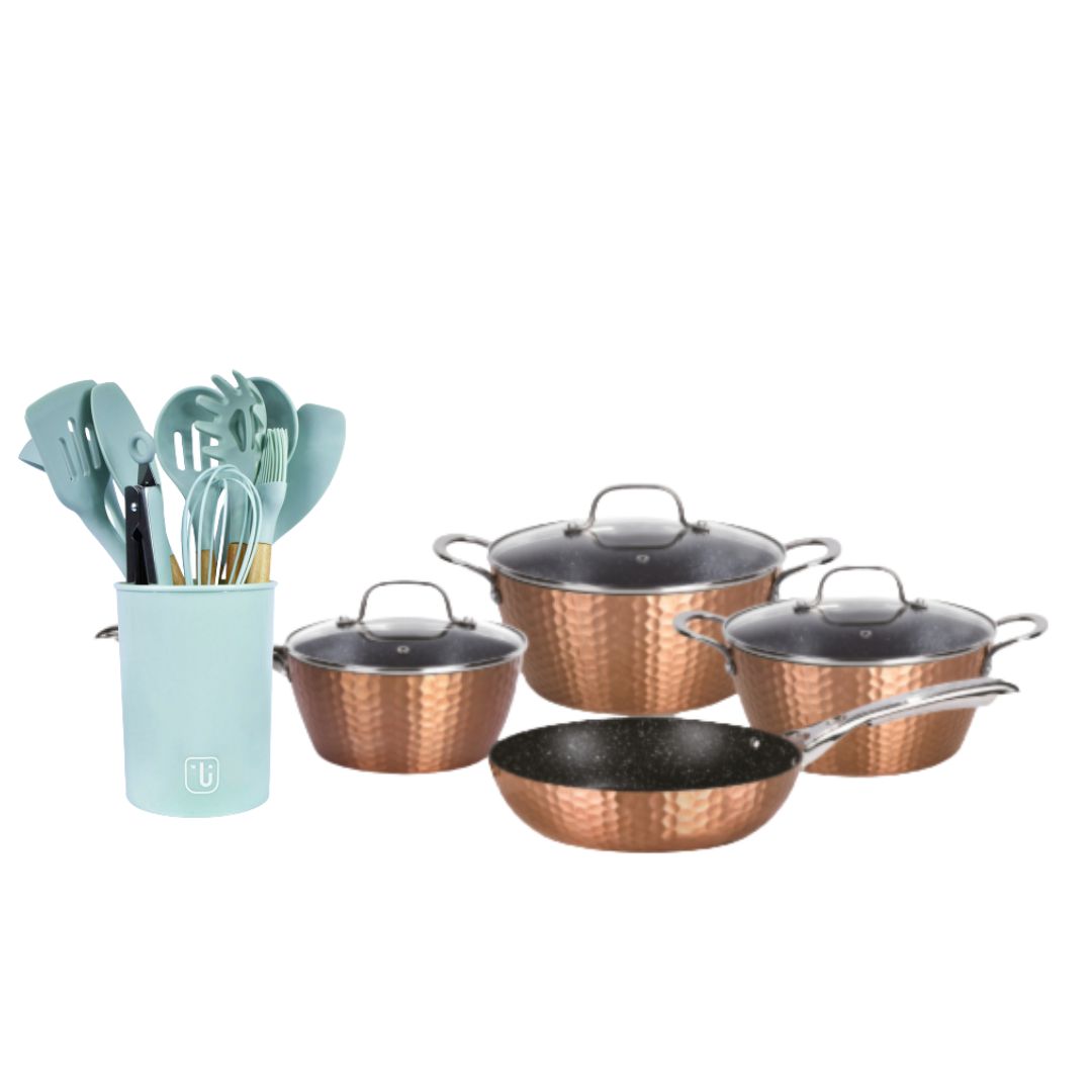 Kit Batería Cocina 7 Pza + Set 12 Utensilios Simplit3#Cobre|Azul