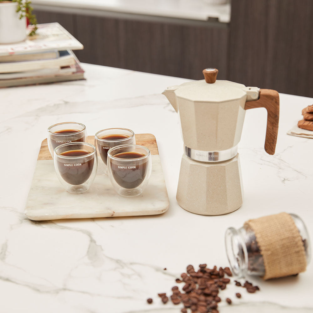 Kit Cafetera Manual Siena + Set 4 Tazas Espresso Simple Cook