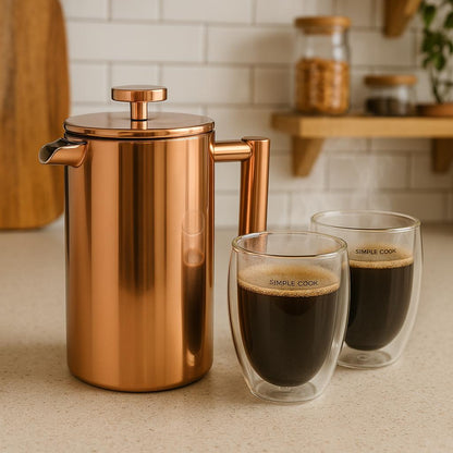 Kit Cafetera Prensa Francesa Bolonia Cobre + Set 2 Tazas Latte Simple Cook