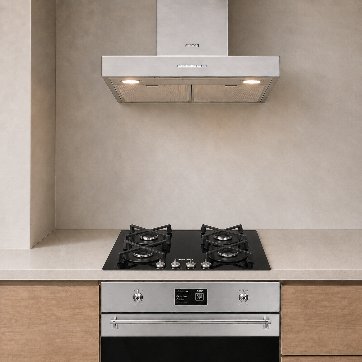 Kit Campana 60 + Encimera Gas 60 + Horno Classica Vapor 45 Smeg-Kits de Cocción