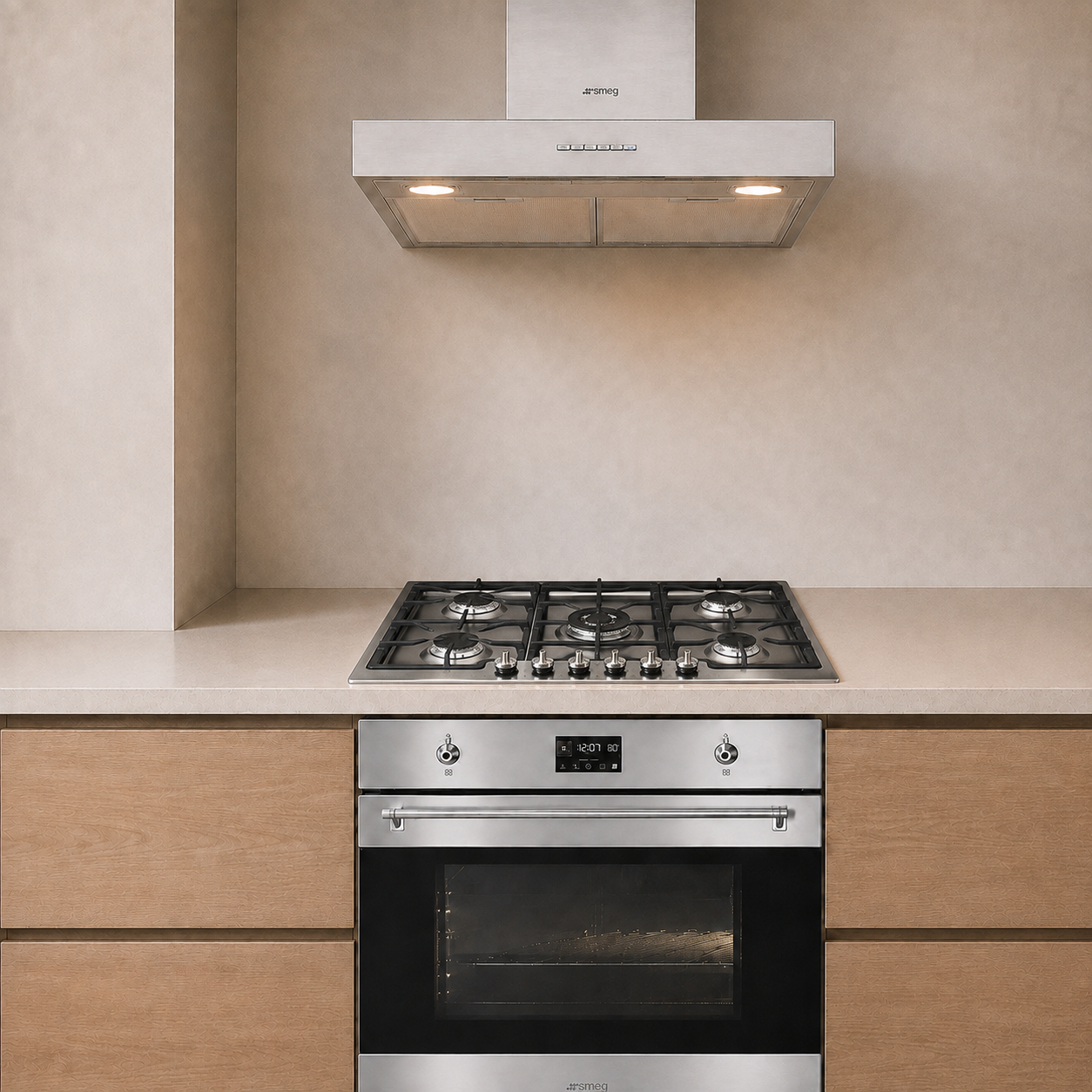 Kit Campana 60 + Encimera Gas Clasica 90 6 Quemadores + Horno Galileo Pirolitico Smeg-Kits de Cocción