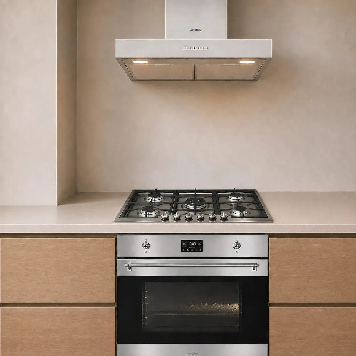 Kit Campana 60 + Encimera Gas Clasica 90 6 Quemadores + Horno Galileo Pirolitico Smeg-Kits de Cocción