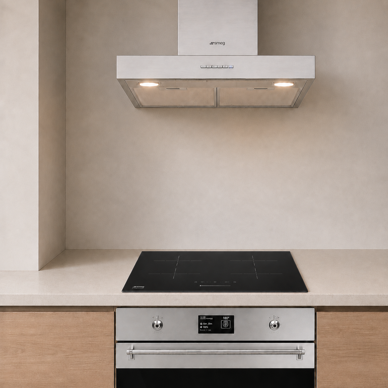 Kit Campana 60 + Encimera Inducción 60 + Horno Classica Vapor 45 Smeg-Kits de Cocción
