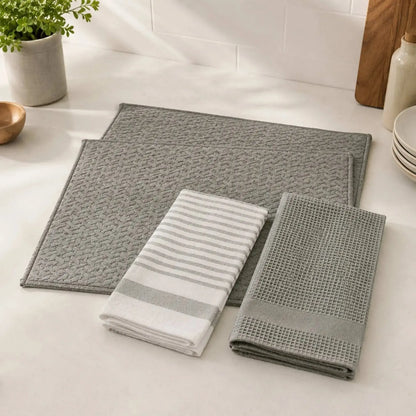 Kit Cocina 4 Piezas: 2 Mat Secaplatos 38x51 + Paños Algodón 50x70 Gris Decoexpress-Secaplatos