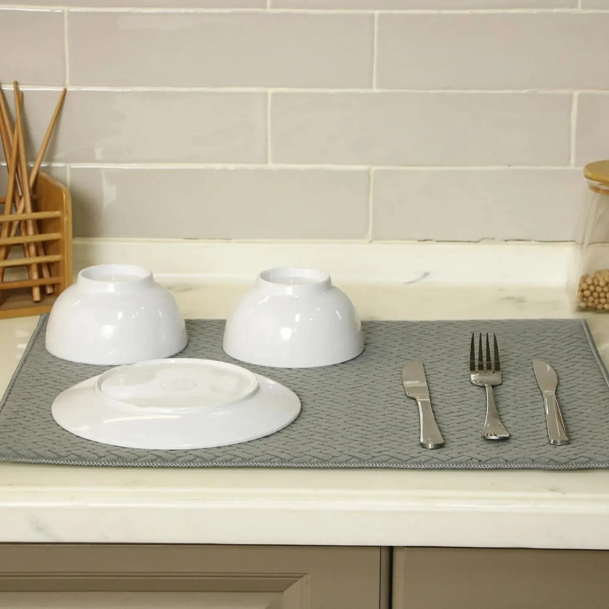 Kit Cocina 4 Piezas: 2 Mat Secaplatos 38x51 + Paños Algodón 50x70 Gris Verde Decoexpress-Secaplatos