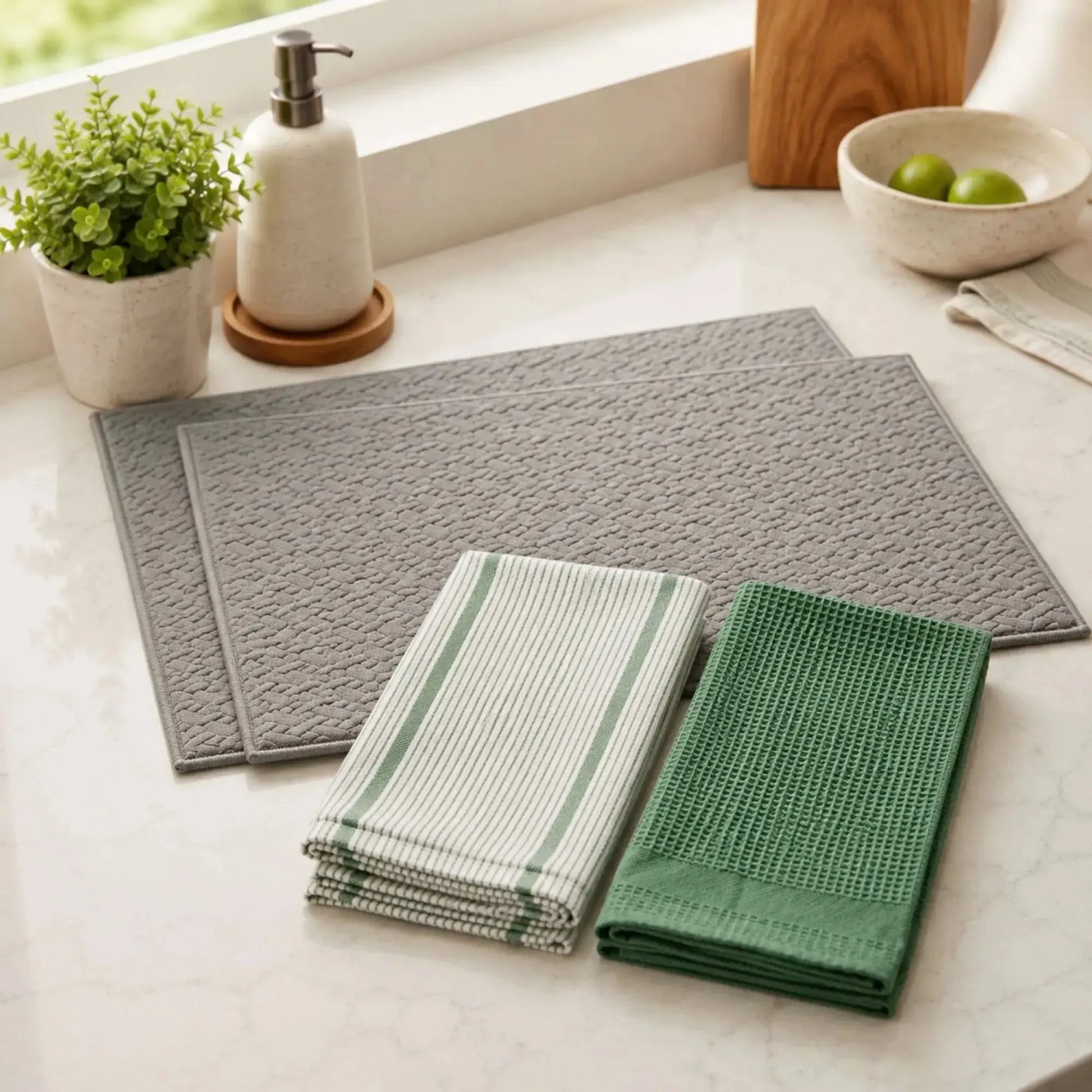 Kit Cocina 4 Piezas: 2 Mat Secaplatos 38x51 + Paños Algodón 50x70 Gris Verde Decoexpress-Secaplatos