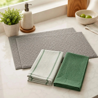 Kit Cocina 4 Piezas: 2 Mat Secaplatos 38x51 + Paños Algodón 50x70 Gris Verde Decoexpress-Secaplatos