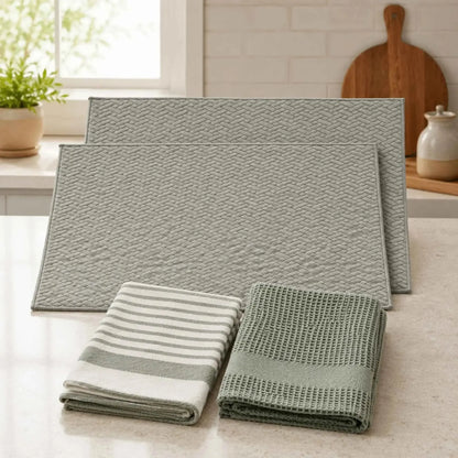 Kit Cocina 4 Piezas: 2 Mat Secaplatos 38x51 + Paños Algodón 50x70 Gris Verde Olivo Decoexpress-Secaplatos