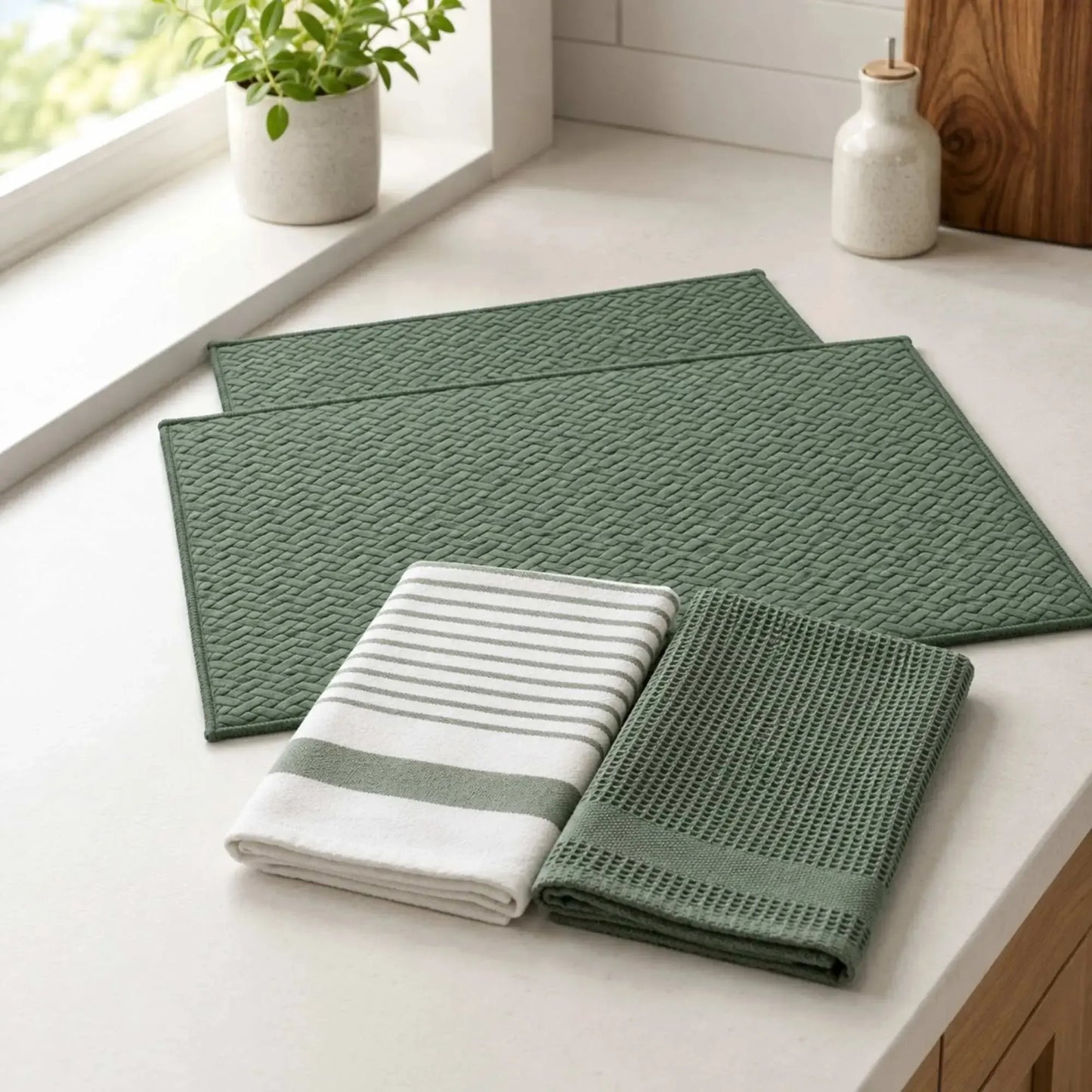 Kit Cocina 4 Piezas: 2 Mat Secaplatos 38x51 + Paños Algodón 50x70 Verde Olivo Decoexpress-Secaplatos