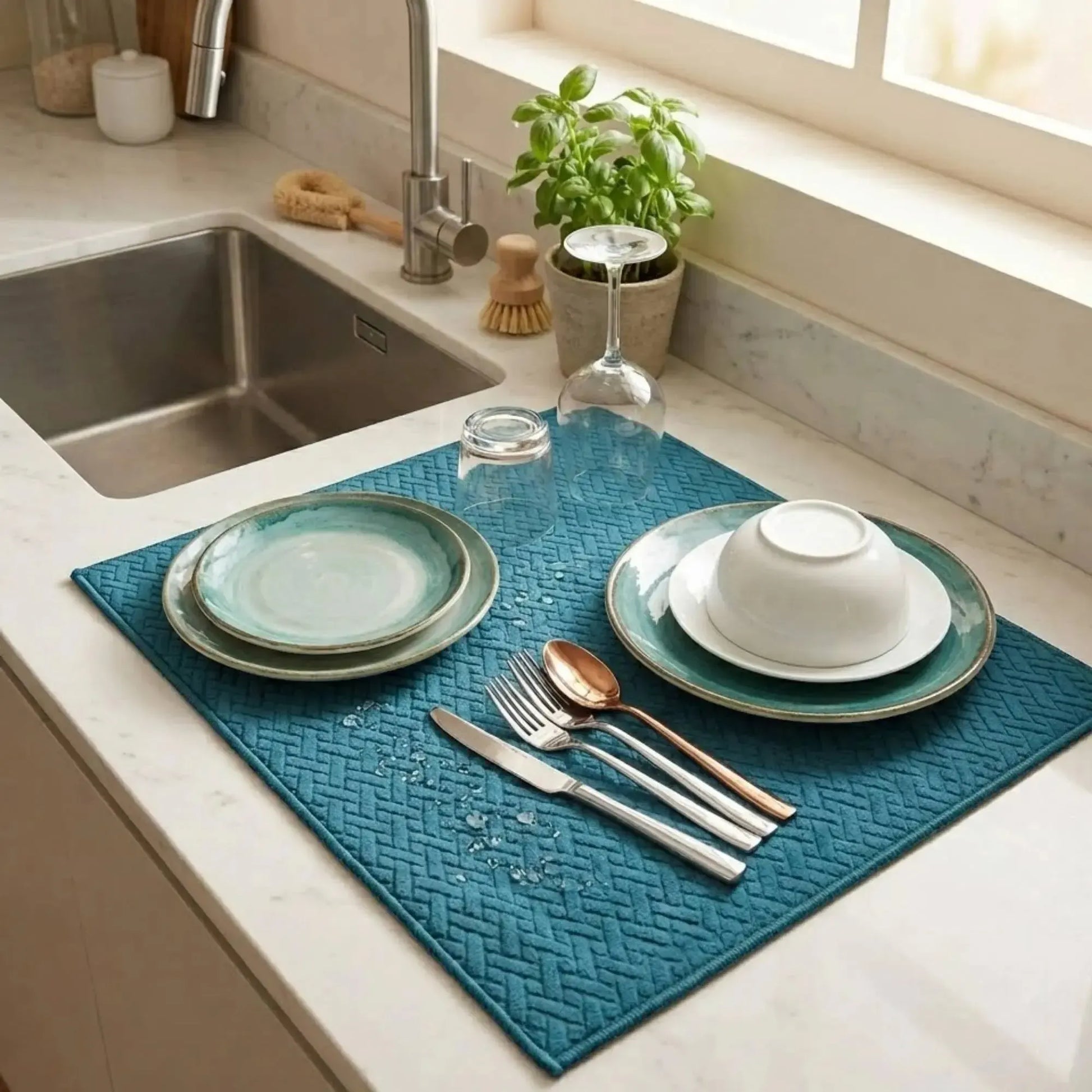 Kit Cocina 4 Piezas: 2 Mat Secaplatos 38x51 Turquesa + Paños Algodón 50x70 Gris Decoexpress-Secaplatos