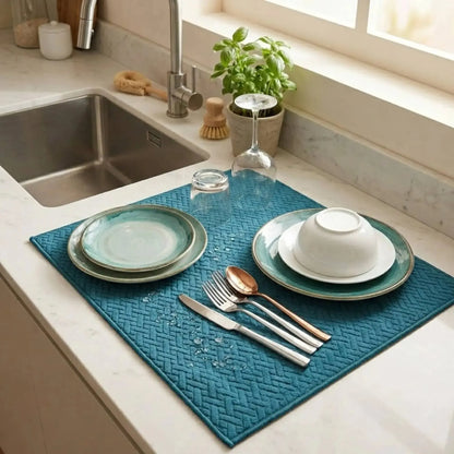 Kit Cocina 4 Piezas: 2 Mat Secaplatos 38x51 Turquesa + Paños Algodón 50x70 Gris Decoexpress-Secaplatos
