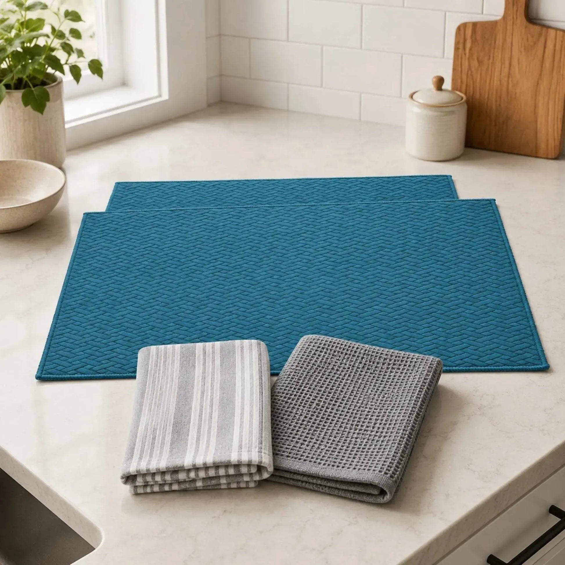 Kit Cocina 4 Piezas: 2 Mat Secaplatos 38x51 Turquesa + Paños Algodón 50x70 Gris Decoexpress-Secaplatos