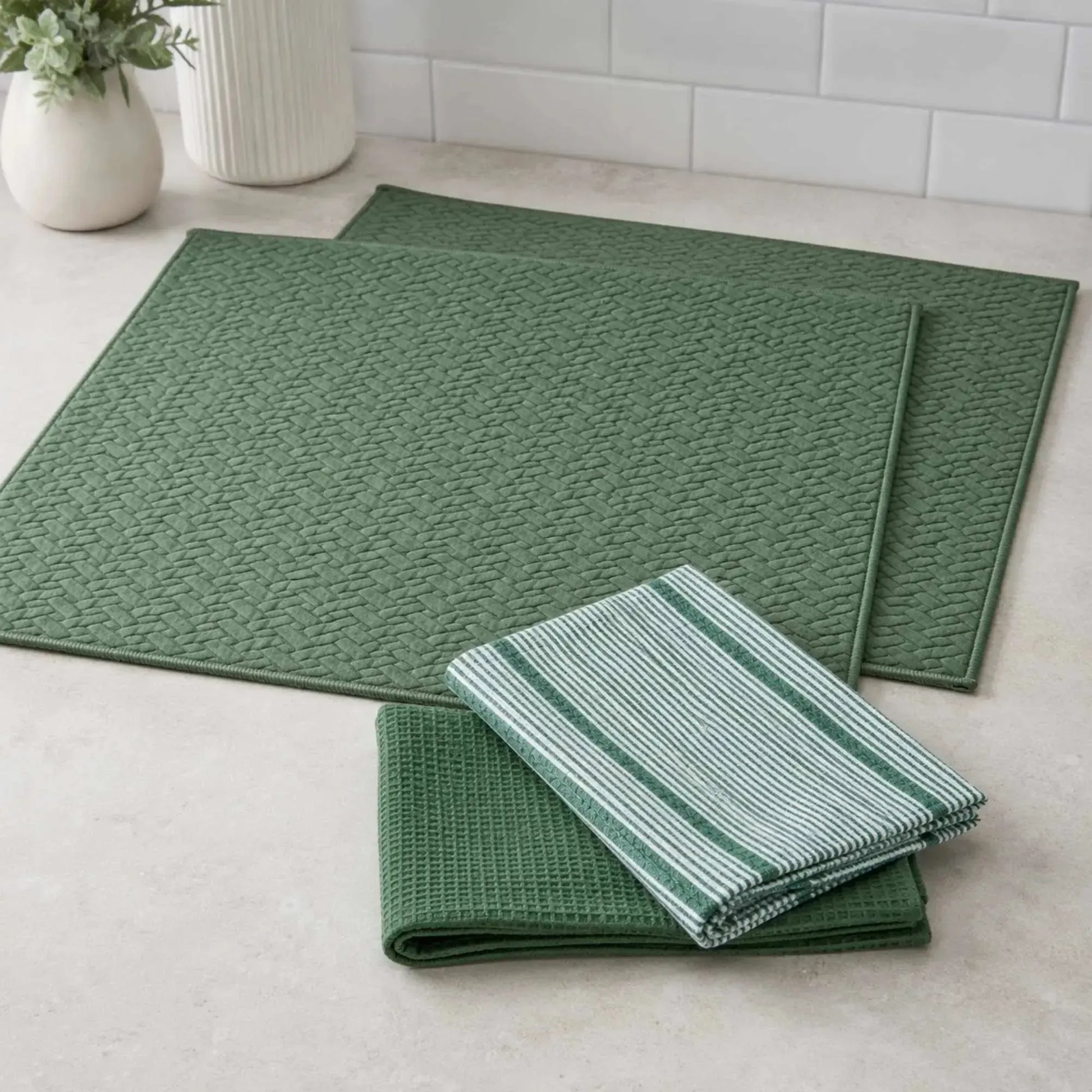 Kit Cocina 4 Piezas: 2 Mat Secaplatos 38x51 Verde Olivo + Paños Algodón 50x70 Verde Decoexpress-Secaplatos