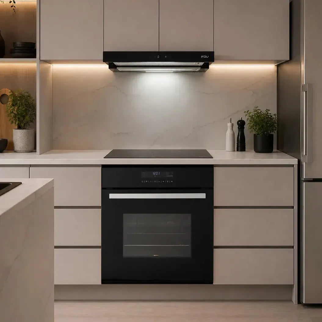 Kit Encimera Inducción Magno 4Q 60 cm FDV + Campana City Black Bajo Mueble 60 cm 452 m3/h FDV + Horno Elegance Touch 58 Lts FDV-Kits de Cocción