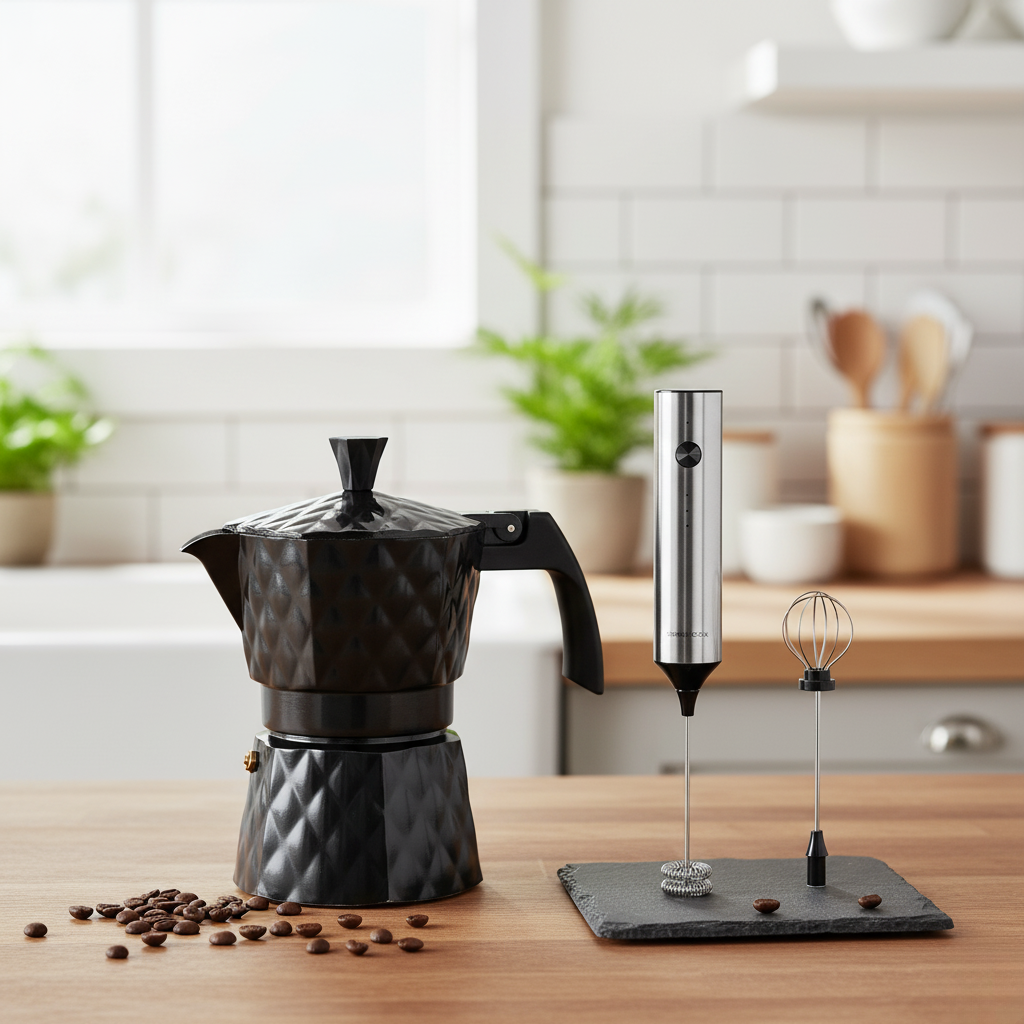 Kit Espumador Inalámbrico Recargable Spuma + Cafetera Simple Cook Roma 6 pzs