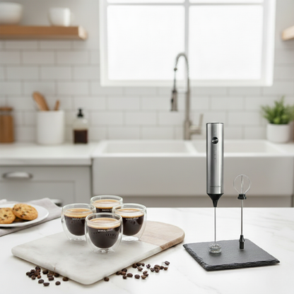 Kit Espumador Inalámbrico Recargable Spuma + Set 4 tazas Simple Cook Espresso
