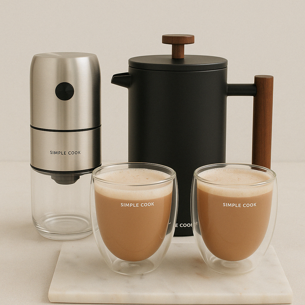 Kit Molinillo de Café y Especies Cali + Set 2 Tazas Latte Simple Cook + Cafetera Prensa Francesa Simple Cook Verona