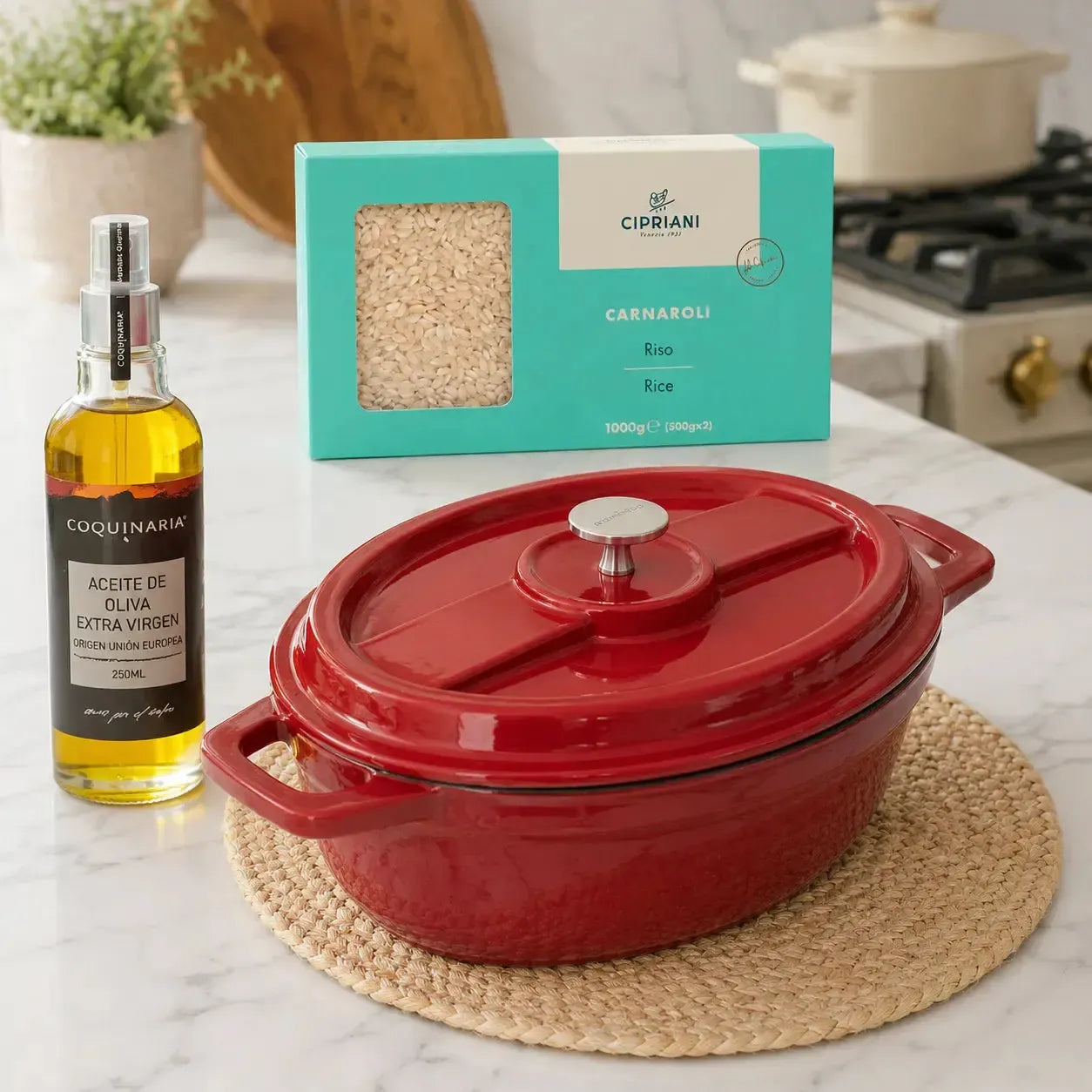 Kit Olla Hierro Fundido Roja 4.1 lts + Aceite Oliva extra virgen en Spray + Arroz para Risotto Carnaroli 1 kg Cipriani-Combinaciones y Kits