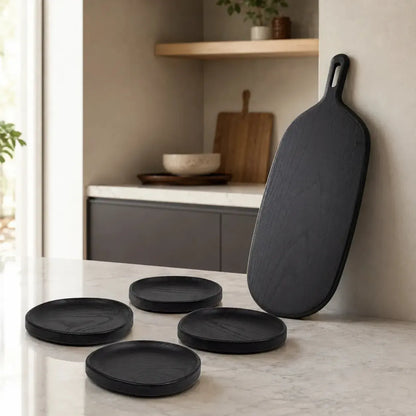 Kit Tabla Madera Negra 49 cms Coquinaria + Set 4 platos Madera Negra Coquinaria-Combinaciones y Kits
